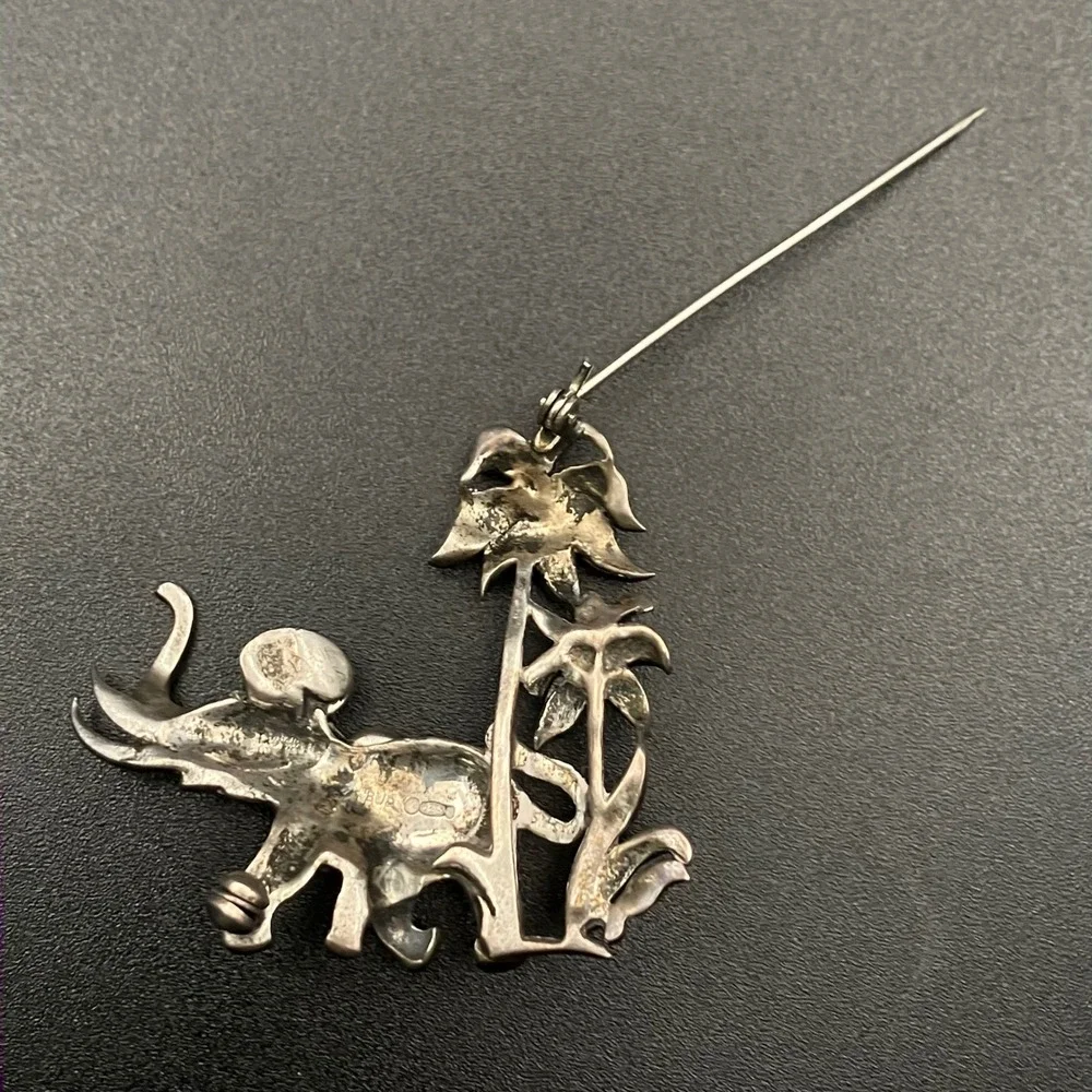 Vintage Sterling Silver Elephant Brooch Art Deco Marcasite Green Eye Palm Tree